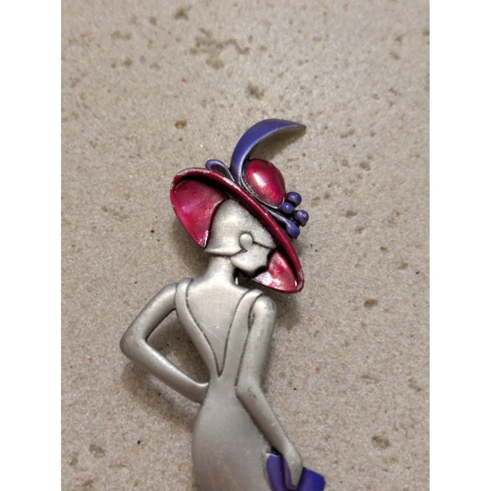 Vintage JJ Brooch Red Hat Woman Lady Silver Tone Large 3 Inches Pewter
